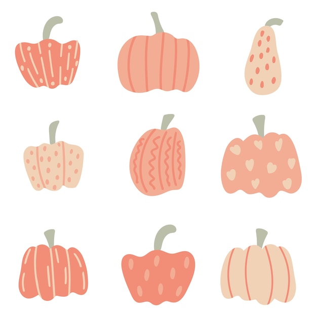Conjunto de otoño de dibujo a mano de calabaza Verduras rayadas y moteadas varias opciones