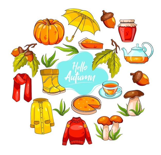 Conjunto de otoño. Gran colección de artículos de otoño. Calabaza, té, impermeable, bufanda, botas, setas, bellotas en estilo de dibujos animados. Ilustración de vector de diseño y decoración.