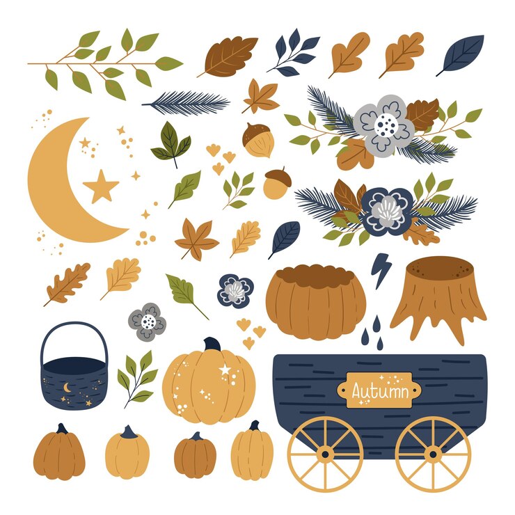 Conjunto de otoño. Hojas, canasta, carros y calabazas. Elementos para su diseño. Ilustración de vector EPS10.