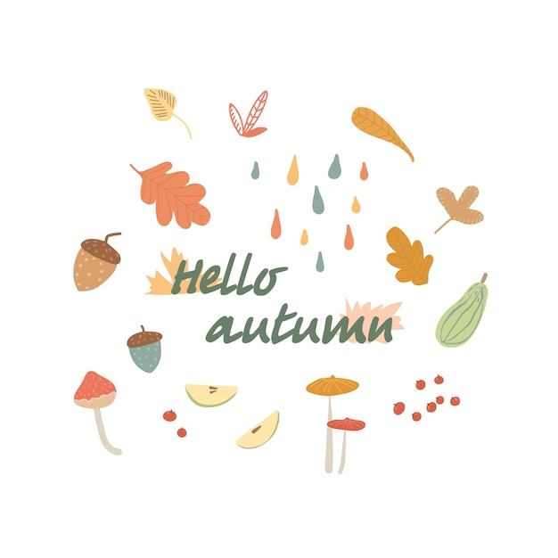 Conjunto de otoño Hojas dibujadas bellotas bayas Tema de otoño para postales carteles publicitarios
