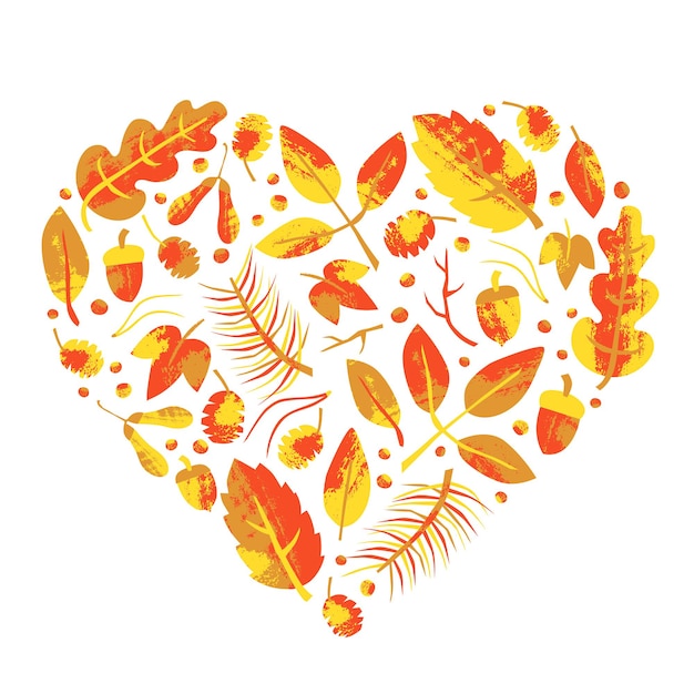 Vector conjunto de otoño con hojas texturizadas de sello en forma de corazón ilustración de vector colorido dibujado a mano