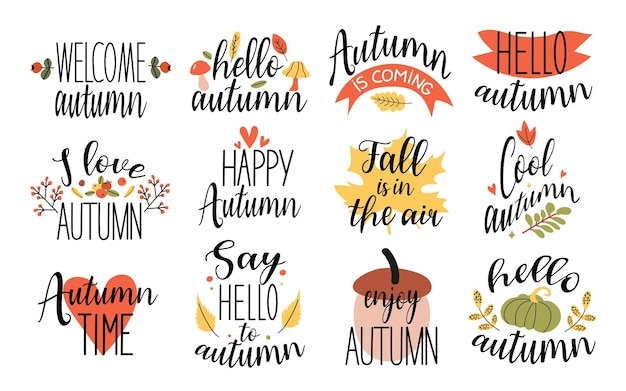 Conjunto de otoño de letras vectoriales dibujadas a mano Conjunto De pegatinas escritas a mano para los eslóganes de la temporada de otoño