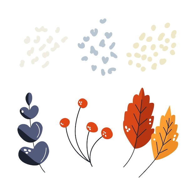 Conjunto de otoño de puntos abstractos y ramas hojas con bayas de rowan rojas elemento vectorial es bayas rojas