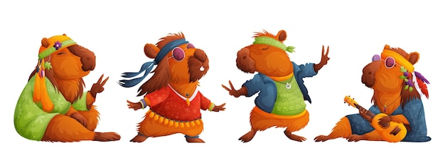 Conjunto de pacíficos capybaras hippie capybara tranquilo con ropa hippie brillante y gafas rosadas se relaja medita y toca una pequeña guitarra ukulele ilustración vectorial de estilo dibujos animados