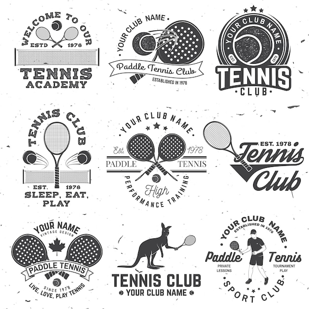 Conjunto de Paddle tennis y insignia de tenis emblema o signo Vector Concepto para sello de impresión de camisa o tee
