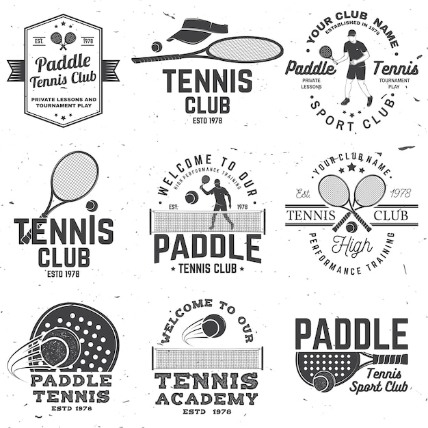 Conjunto de Paddle tennis y insignia de tenis emblema o signo Vector Concepto para sello de impresión de camisa o tee