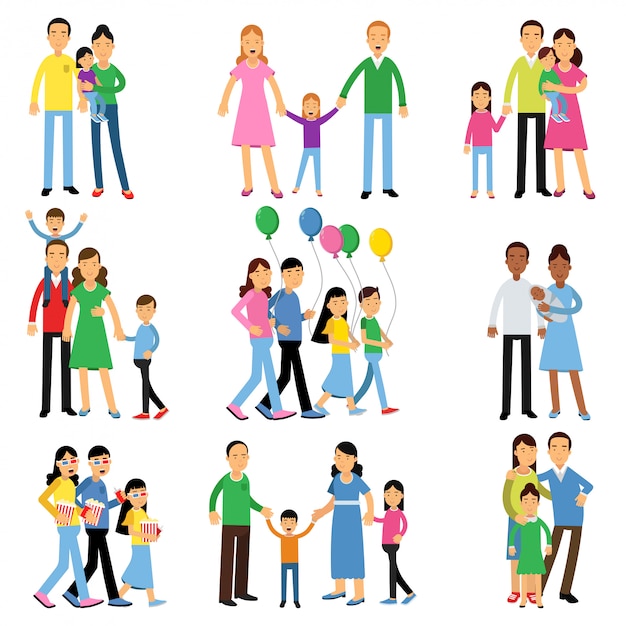 Vector conjunto de padres y sus hijos, concepto de familia feliz ilustraciones