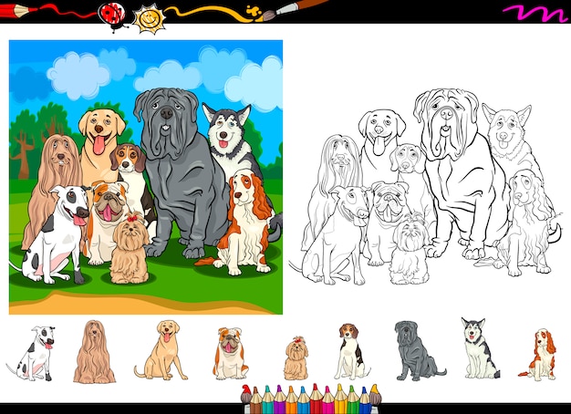 Conjunto de página para colorear de dibujos animados de razas de perros