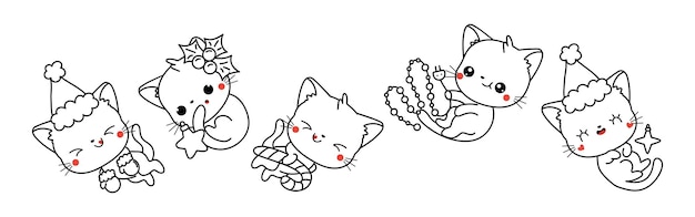 Conjunto de página para colorear de gato navideño kawaii, colección de lindo vector de contorno de gatito navideño