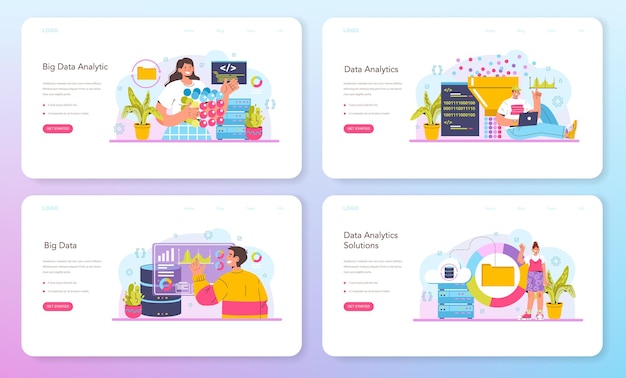 Conjunto de página de destino o banner web de análisis de datos grandes. big data de diferentes fuentes visualización y análisis de gráficos o gráficos. realización de informe para optimización. ilustración vectorial plana