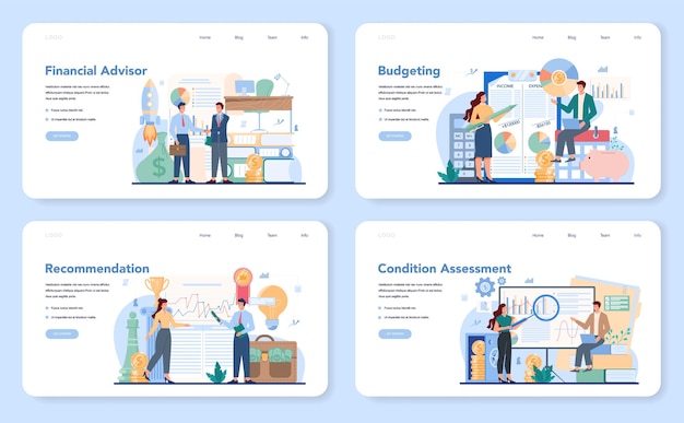 Conjunto de página de destino o banner web de asesor financiero