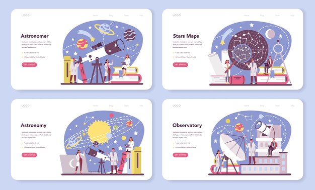 Conjunto de página de destino o banner web de astronomía y astrónomo
