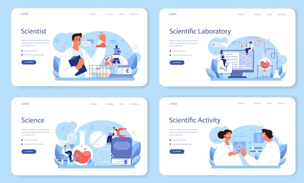 Conjunto de página de destino o banner web científico. Idea de educación e innovación. Estudio sistemático de biología, química, medicina y otras materias. Ilustración plana aislada
