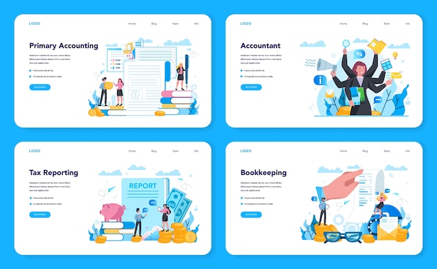 Conjunto de página de destino o banner web contable. Contador profesional. Concepto de cálculo de impuestos y análisis financiero. Carácter empresarial haciendo operación financiera. Ilustración vectorial