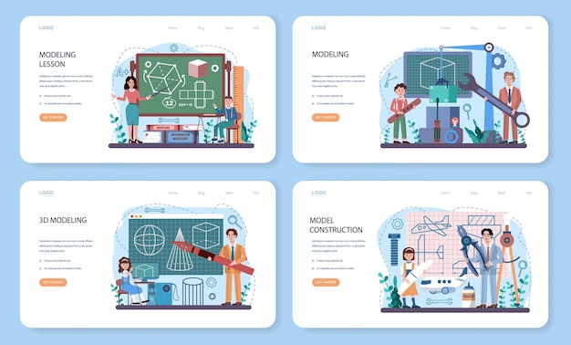 Conjunto de página de destino o banner web del curso de la escuela de elaboración y modelado