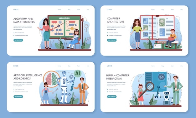Conjunto de página de destino o banner web de educación de TI. Estudiantes aprendiendo