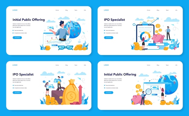 Conjunto de página de destino o banner web especializado en ofertas públicas iniciales. Consultor de OPI. Estrategia de inversión. Idea de aumento de dinero y crecimiento financiero. Ilustración de vector de estilo plano