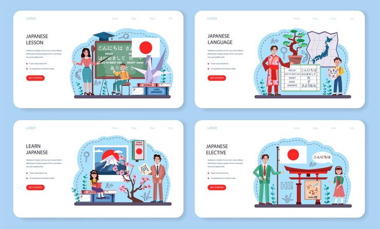 Vector conjunto de página de destino o banner web en idioma japonés. curso de la escuela japonesa. estudiar idiomas extranjeros con un hablante nativo. idea de comunicación global. ilustración vectorial en estilo de dibujos animados