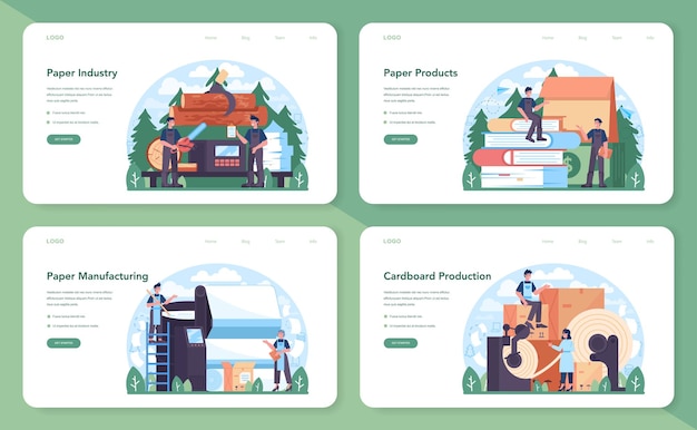 Conjunto de página de destino o banner web de la industria del papel. Procesamiento de madera y papel