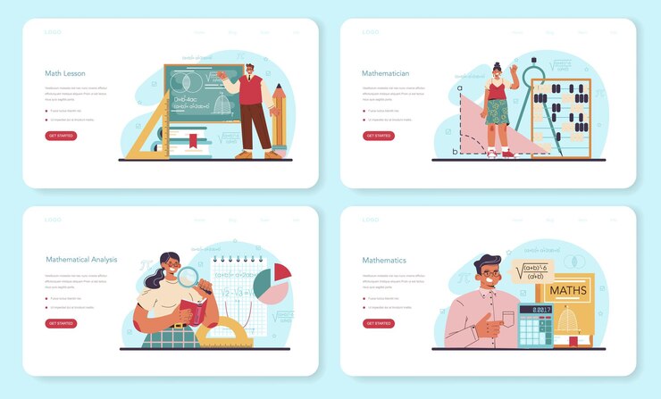 Vector conjunto de página de destino o banner web matemático. los matemáticos usan fórmulas y diagramas para investigar y formular nuevos cálculos. análisis matemático y cálculo de conjeturas. ilustración vectorial plana