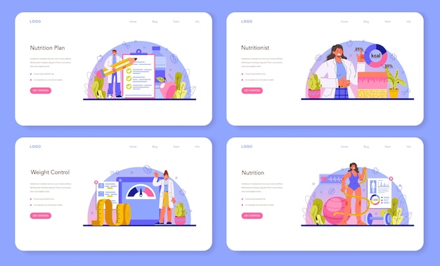 Conjunto de página de destino o banner web nutricionista. Terapia nutricional con alimentos saludables
