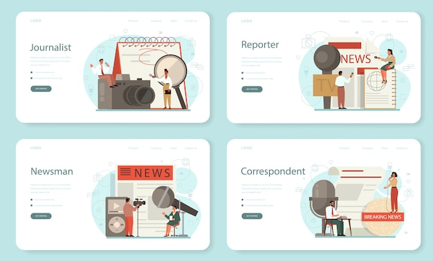 Conjunto de página de destino o banner web de periodista. Reportero de televisión con