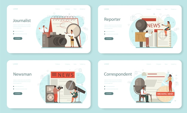 Conjunto de página de destino o banner web de periodista. reportero de televisión con