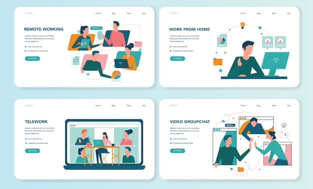 Conjunto de página de destino o banner web de trabajo remoto. teletrabajo y subcontratación global, trabajo del empleado desde casa. distancia social durante la cuarentena del virus corona.