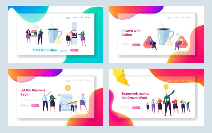 Vector conjunto de página de destino de office coffee break concept. firma de nuevo contrato de socio comercial. personaje de trabajador relajante en el sitio web o página web del almuerzo. ilustración de vector de dibujos animados plana de trabajo en equipo de sueño
