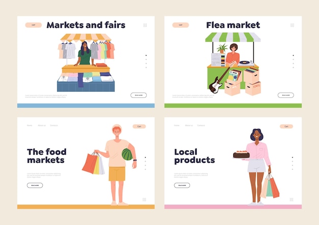 Conjunto de página de destino que anuncia la tienda al aire libre del mercado callejero para la venta de productos y alimentos