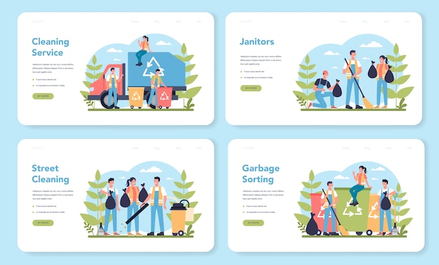Conjunto de página de destino web de empresa de limpieza o servicio de conserje. Personal de limpieza con equipo especial. Trabajadores de conserjería limpiando calles y clasificando basura. Ilustración de vector plano aislado