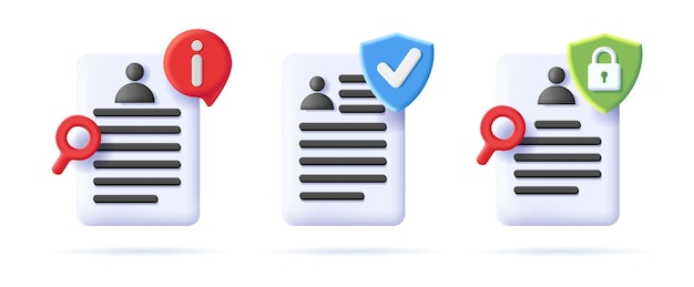 Conjunto de página de perfil de usuario de Document Security 3d Icon con escudo y candado e icono de información aislado
