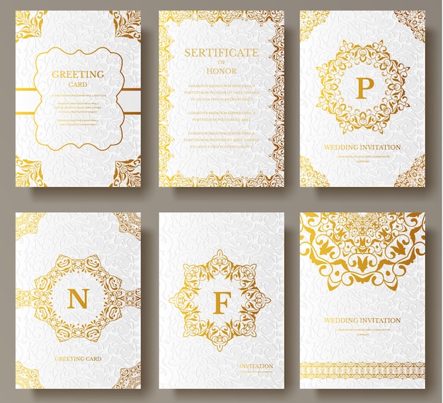 Conjunto de páginas artísticas de oro de lujo con plantilla de folleto de logotipo