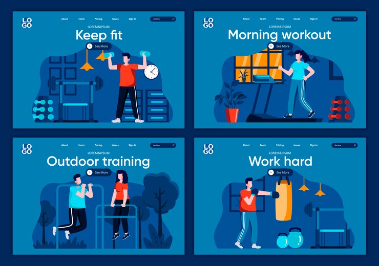 Vector conjunto de páginas de aterrizaje planas de entrenamiento al aire libre. gente corriendo, levantando pesas y entrenando con escenas de sacos de boxeo para el sitio web o la página web de cms. manténgase en forma, entrenamiento matutino, trabajo duro ilustración.