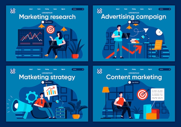 Conjunto de páginas de aterrizaje planas de investigación de mercado. Los especialistas en marketing analizan datos y realizan escenas de presentación para el sitio web o la página web de CMS. Campaña publicitaria, contenido de marketing e ilustración de estrategia.