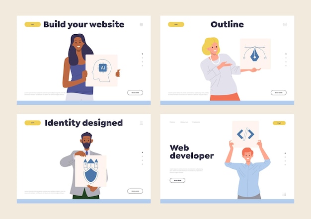 Conjunto de páginas de aterrizaje para un servicio en línea o una empresa independiente digital que proporciona diseño web creativo para la marca de logotipo de la agencia de negocios y el sitio web corporativo Ilustración vectorial de personajes de empleados felices