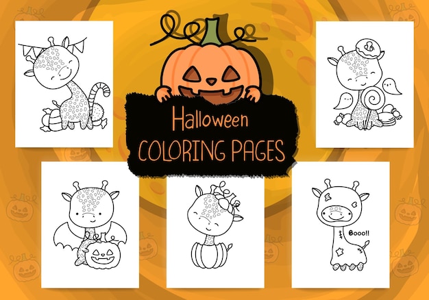 Conjunto de páginas para colorear de Halloween. Conjunto de conjunto Clipart Halloween jirafa para colorear página.