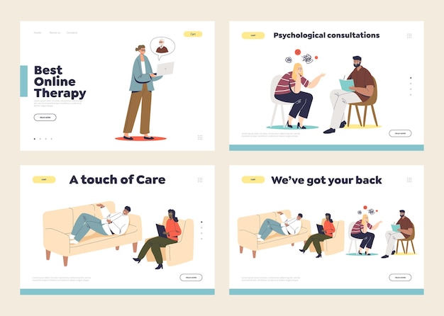Conjunto de páginas de destino con concepto de consulta de psicólogo, psicoterapeuta escuchando pacientes. Concepto de apoyo, salud y enfermedades mentales.