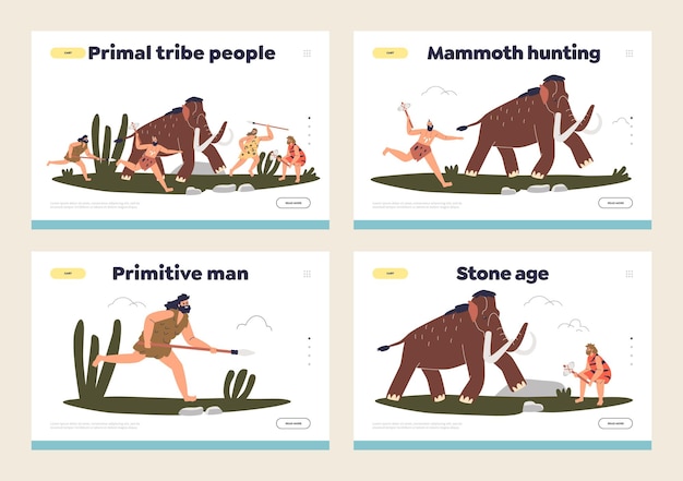 Conjunto de páginas de destino con prehistóricos, tribus primitivas, hombres de las cavernas primitivas cazando mamuts.