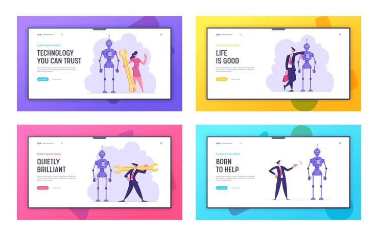 Vector conjunto de páginas de destino del sitio web de desarrollo científico y tecnología de ensamblaje de inteligencia artificial
