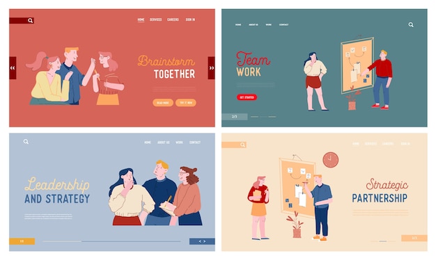 Conjunto de páginas de destino del sitio web de lluvia de ideas y comunicación productiva