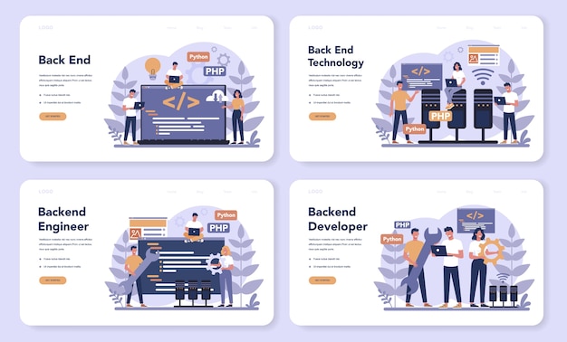 Conjunto de páginas de destino web de desarrollo back-end. proceso de desarrollo de software. mejora del diseño de la interfaz del sitio web. programación y codificación. profesión de ti. ilustración de vector plano aislado