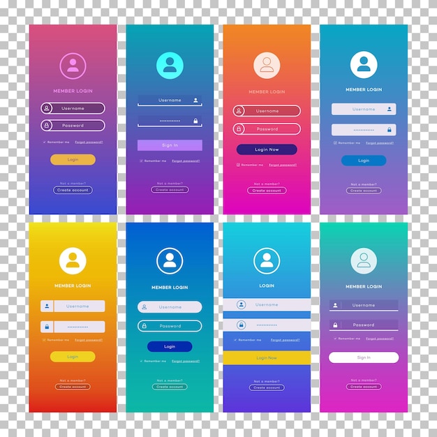 El conjunto de páginas de formulario de inicio de sesión vectorial aisladas en un fondo transparente para el sitio web, elementos de UI, desarrollo de aplicaciones, maquetas de teléfonos inteligentes, registro en línea, perfil de usuario, acceso a la cuenta, concepto de 10 eps.