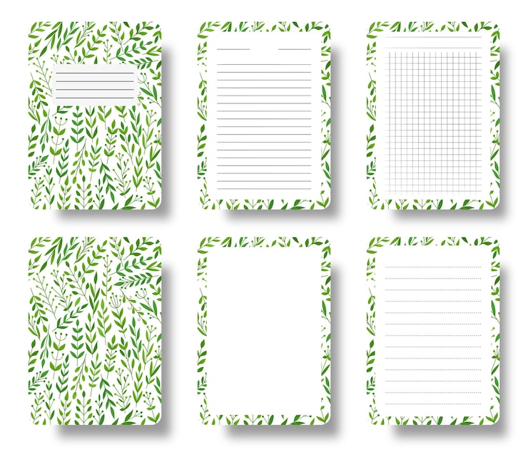 Vector conjunto de páginas forradas de portada de cuaderno floral patrón de hojas de rama abstracta con plantilla de hoja cuadriculada de espacio de copia para diario de bloc de notas anual folleto de planificador de flores abstracto impresión de diario