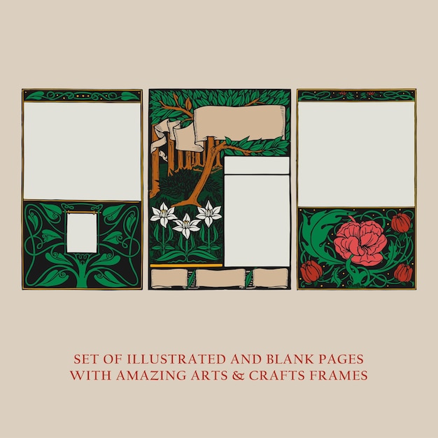 Conjunto de páginas ilustradas y en blanco con increíbles marcos artísticos y manualidades, logo retro antiguo vintage