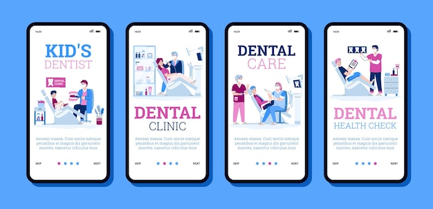 Conjunto de páginas de incorporación para la ilustración de vector de dibujos animados de clínica dental medicina de higiene oral y abolladura