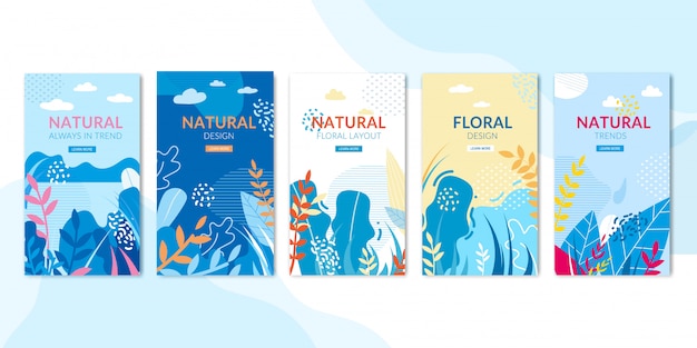 Conjunto de páginas sociales con diseño natural y floral.