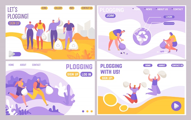 conjunto de páginas web de aterrizaje, la gente trota y recoge la ilustración de basura.
