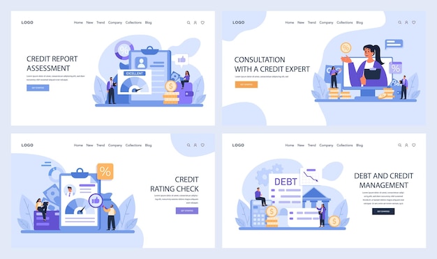 Vector el conjunto de páginas web de credit score essentials muestra los pasos para el experto en evaluación de informes de crédito