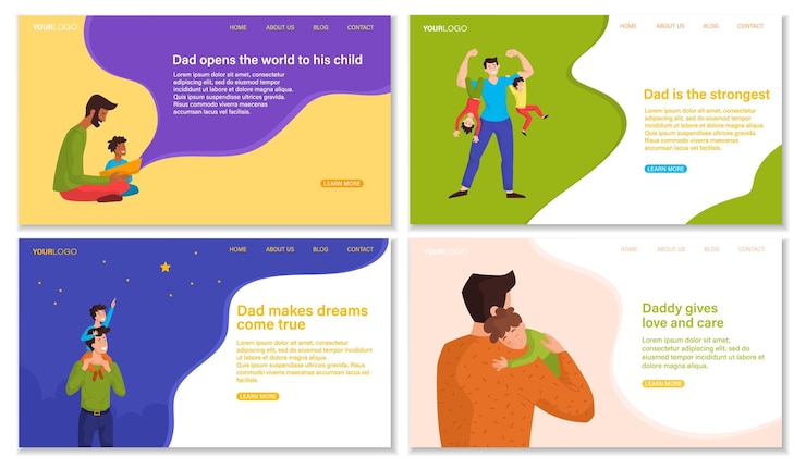 Vector conjunto de páginas web para el feliz día de los padres paternidad paternidad infancia padre con hijos plano